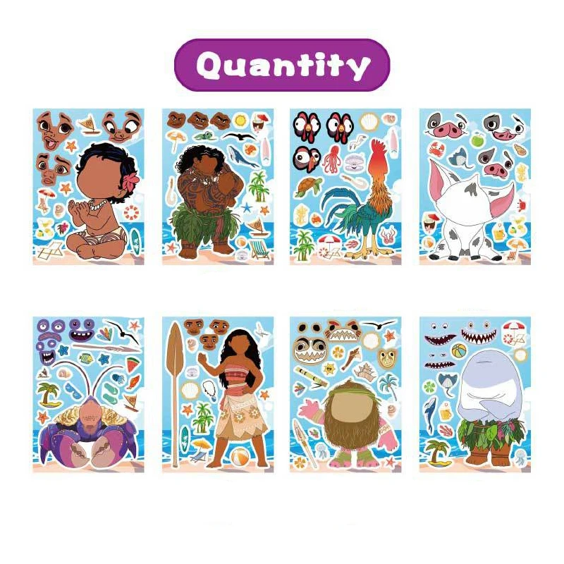 8/16Sheets Disney Cartoon Moana DIY Make a Face Puzzle Stickers DIY Children Cartoon Funny Assemble Jigsaw Decals Kids Toys Gift