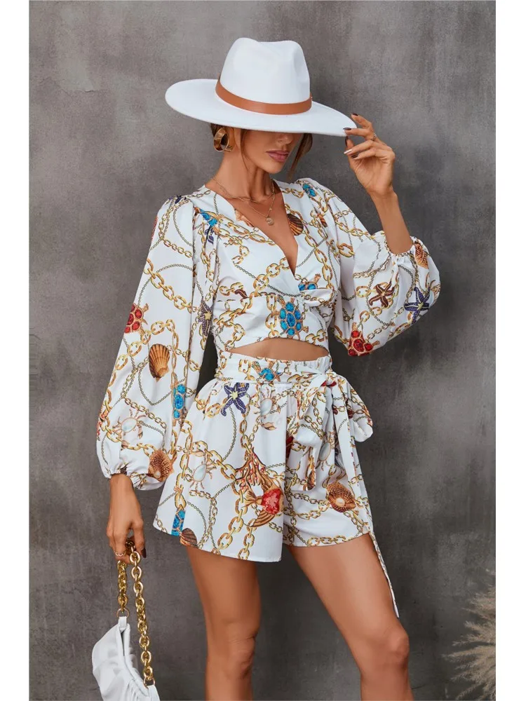 

Spring Summer New V-neck Printing Hollow Out Playsuits Ladies Casual Lace Up Long Sleeve Jumpsuits Women's Beach Holiday Rompers