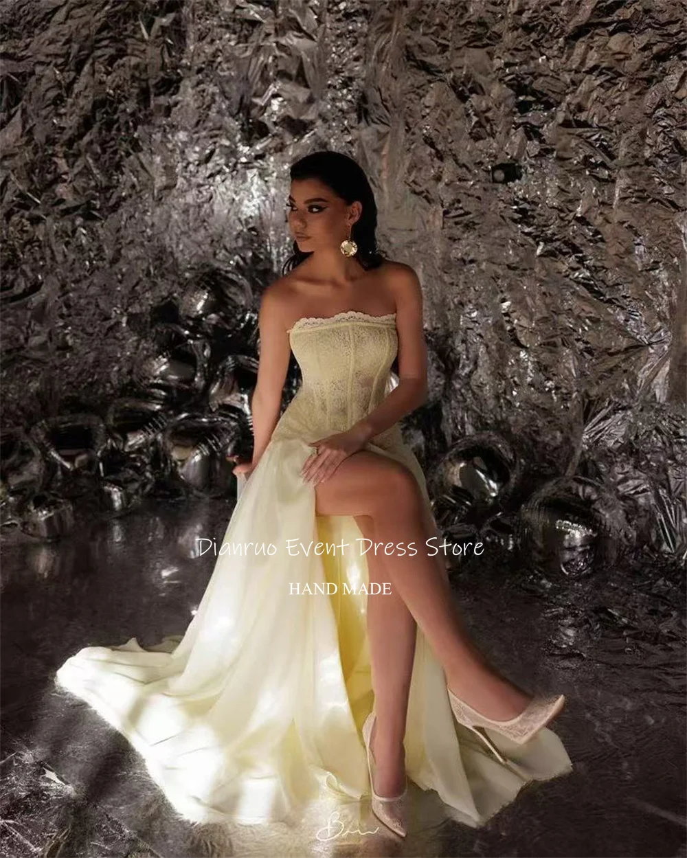 Dianruo elegante longo a linha vestidos de noite dividir amarelo chiffon vestidos de baile sem alças até o chão robes de soirée personalizado