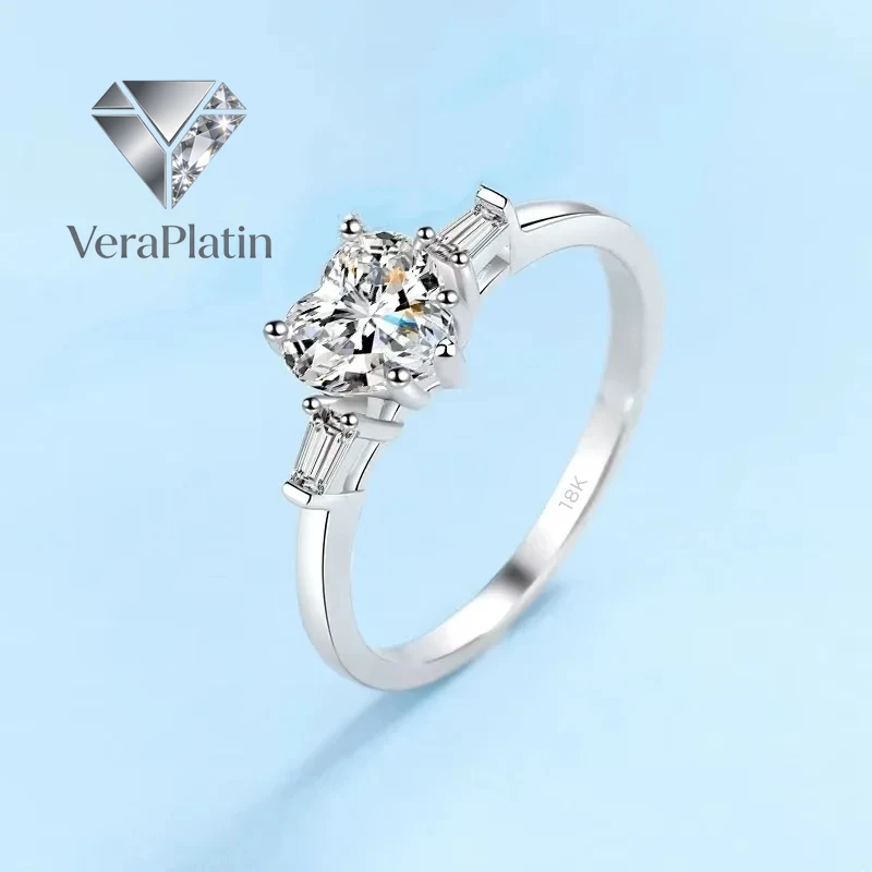 

VeraPlatin Women Engagement 18K White Gold Wedding Band 1CT Moissanite Diamond PT950 Platinum Girl Valentine's Day Rings Wife Bi