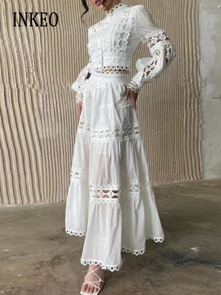 White 2 piece set Women\'s Party lace cutwork blouse tops and Long high-waist skirt 2024 Spring summer suit Luxury INKEO 3T219