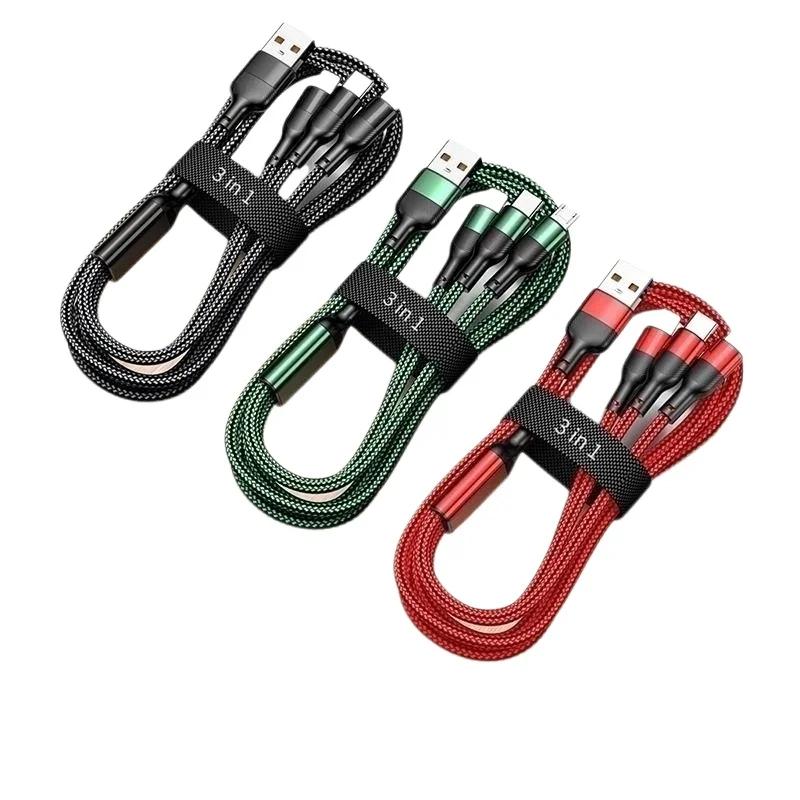 3PCS set, 3-in-1 fast charging data cable, 66-watt 6-amp multi-interface data cable, compatible with USB-C, Micro USB, Type-C, suitable for Apple, Samsung, Huawei mobile phonesXXX