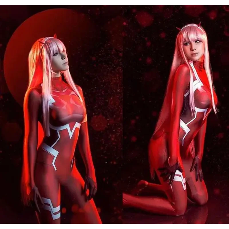 Zero dois trajes de cosplay para adultos e crianças, querido no Franxx 02, princesa Klaxosaur Zentai, bodysuit Halloween feminino, 001