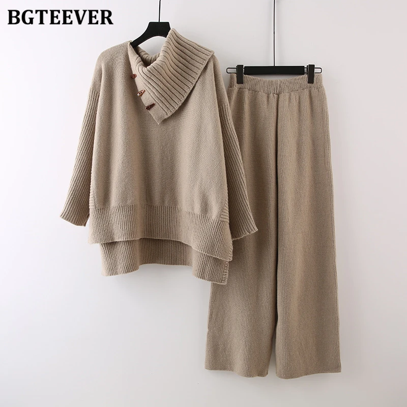 BGTEEVER Autumn Winter Loose Women Sweater Set Long Sleeve Turtleneck Pullovers Female Knitting Trousers Ladies Knitted Outfits