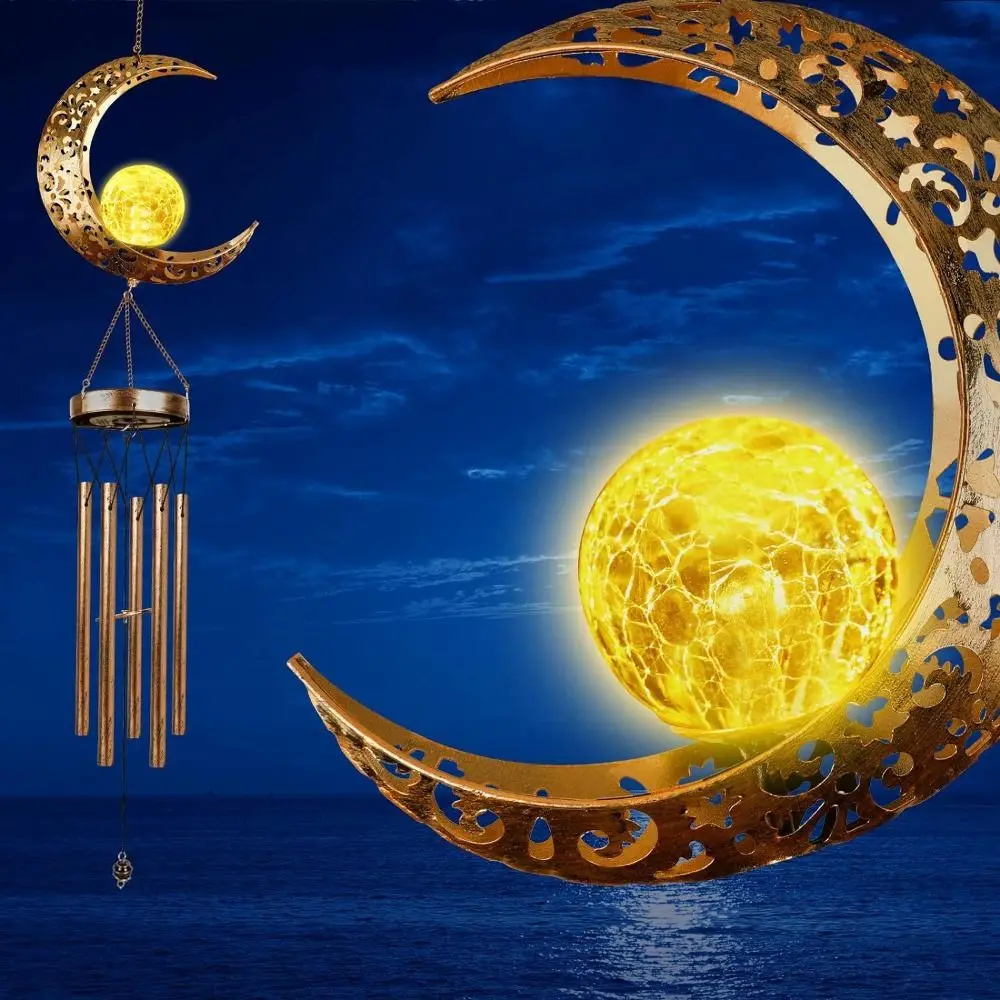 

With Metal Tube Solar Lights Waterproof Outdoor Hanging Moon LED Solar Wind Chimes Retro Creative Aeolian Bells Home