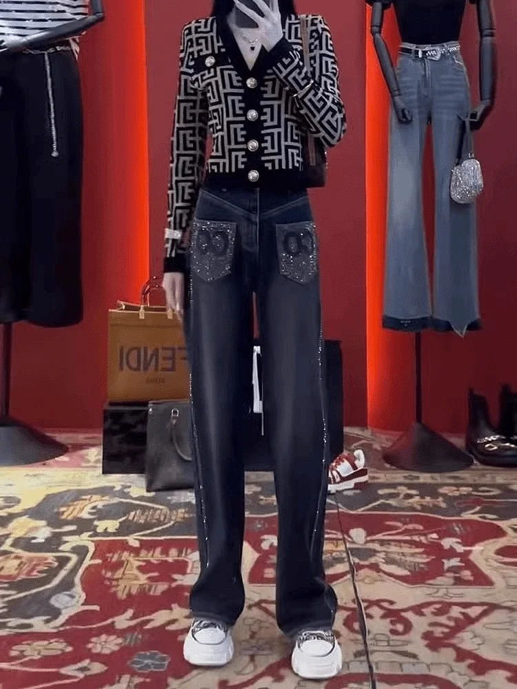 Cintura alta solta ajuste emagrecimento strass denim jeans feminino casual calças compridas outono coleção perna reta mistura de algodão azul