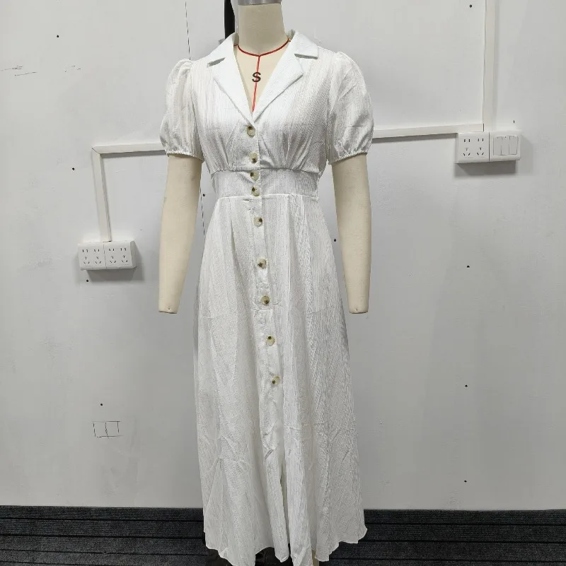 Französischer Stil Weißes Korsett A-Linien Maxikleid Damen Elegantes V-Ausschnitt Knopfleiste Tailliertes Lässiges Langes Hemdkleid für Party und Urlaub – Detail 2