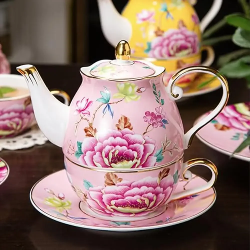 Tea Set Bone China Vintage Floral Teapot Cup Saucer Gold trim Rose Pot Joy Slow Tea life Light Transmissive Tea Pot Cup Gift 1