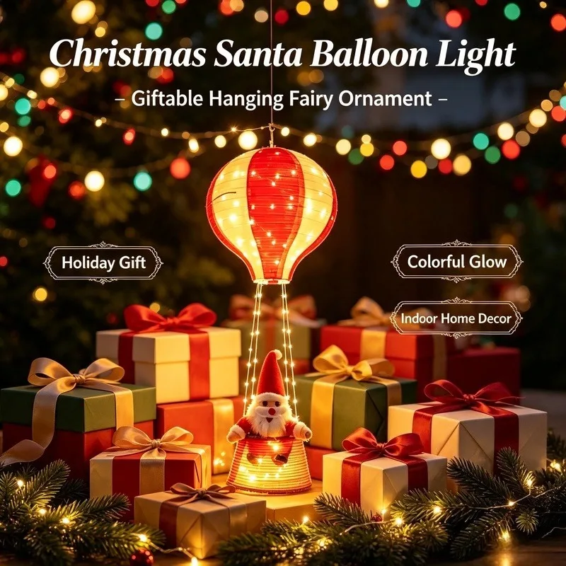 Christmas Hanging Ornament, LED Hot Air Balloon Santa Light with Leather Cord for Indoor Home Decor