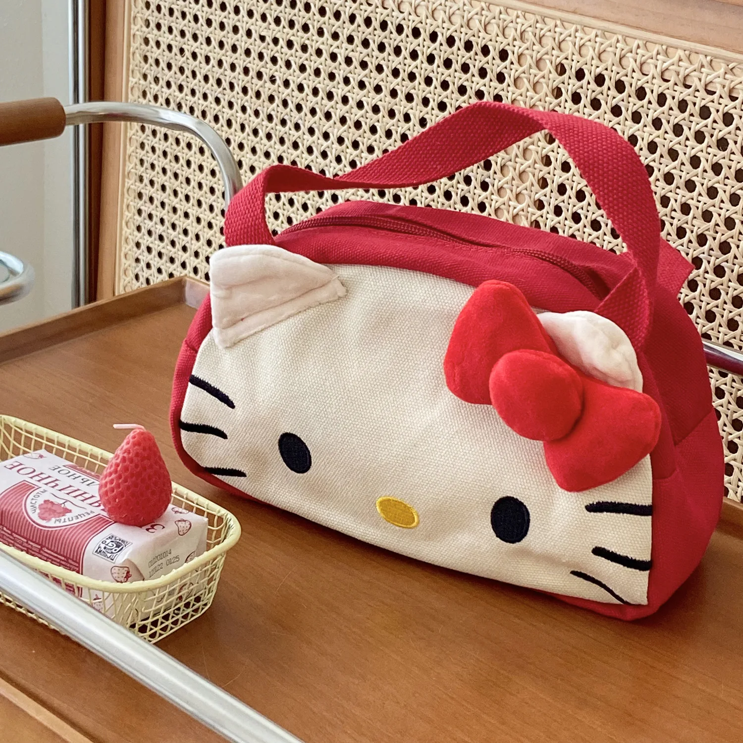 Kawaii Sanrio Hello Kitty Canvas Handbag Makeup Bag Cartoon Portable Handheld Large Capacity Storage Bag Travel Bag Gift