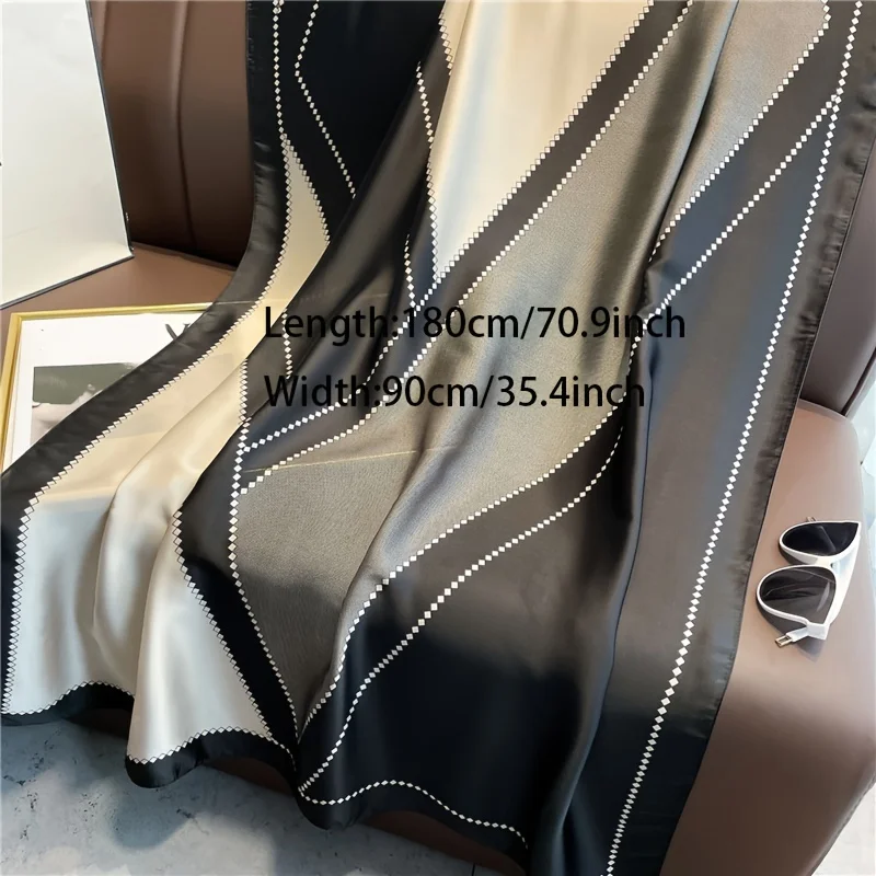 Black Grey Color Block Scarf Elegant Satin Geometric Chain Print Outdoor Sunscreen Shawl Travel Head Wrap Women Trendy Windproof