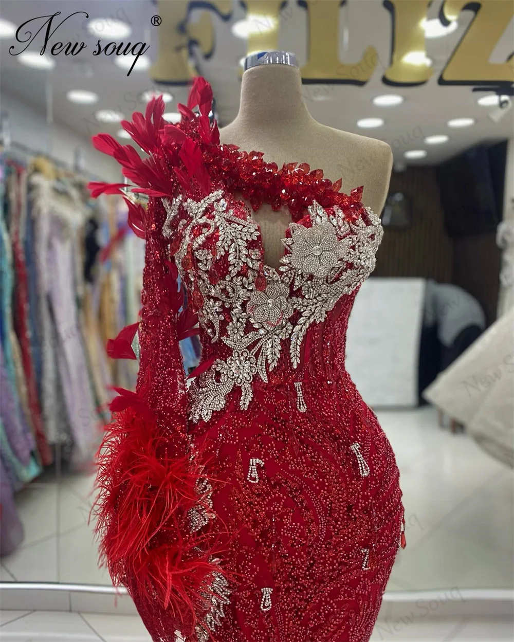 Saudi Arabia Red Crystals Prom Dresses Luxury One Shoulder Birthday Party Dress Bridal Gowns 2024 Vestidos De Gala Evening Dress