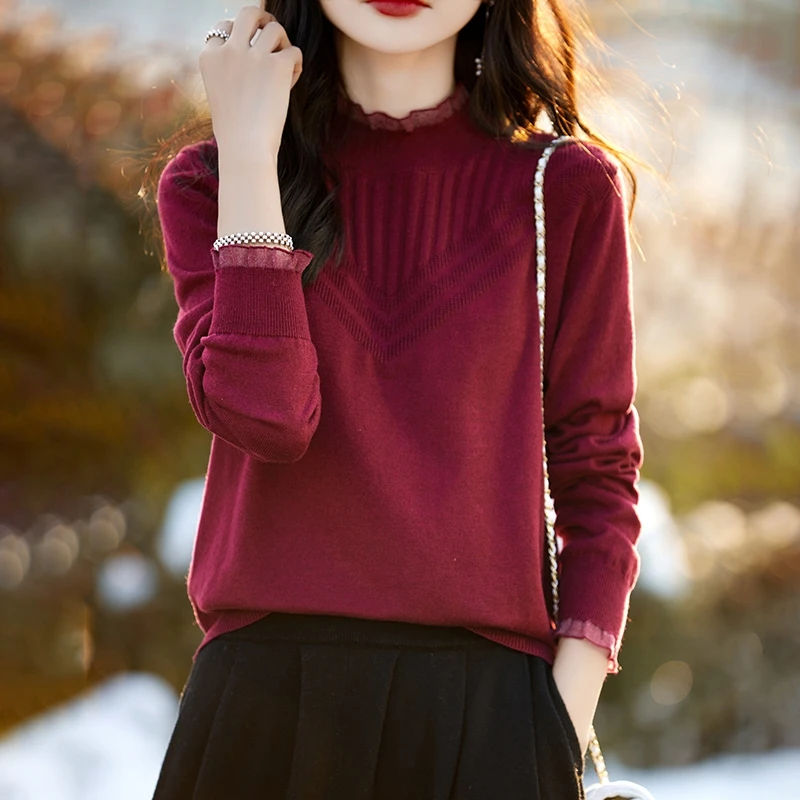 Pulôver feminino de malha com gola meia alta, suéter 100% de lã merino, malha, borda de madeira, malha casual engrossada, outono, inverno