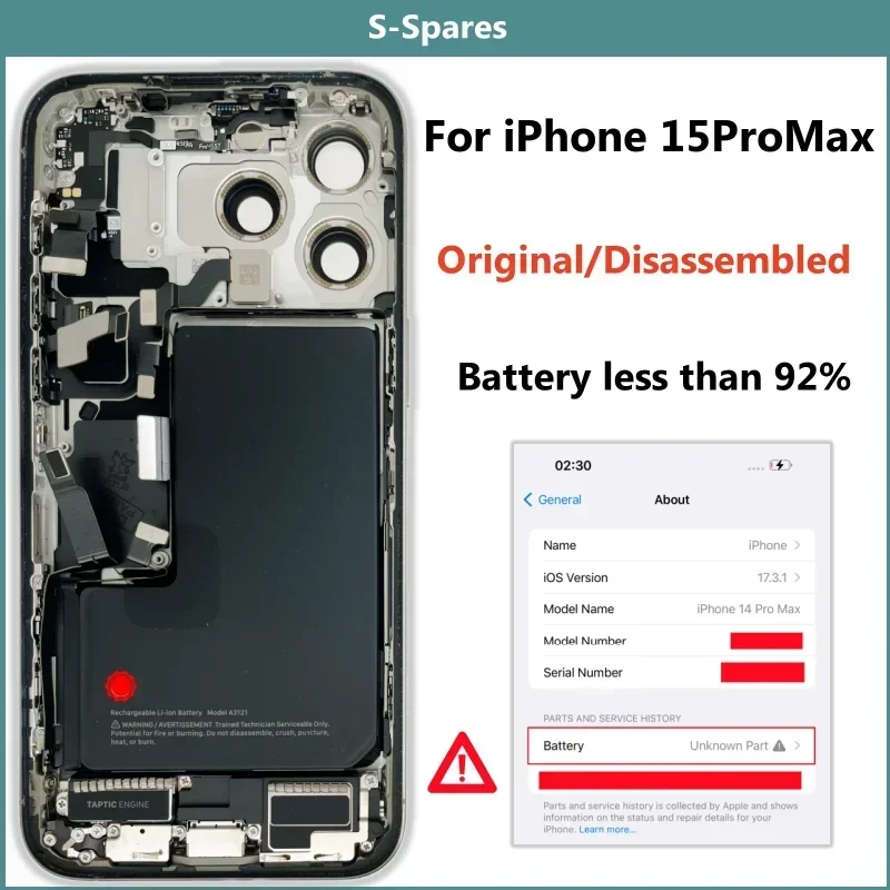 Original Disassembled Middle Frame Housing Back Glass Cover For iPhone 15 Pro Max with Battery, NFC Wireless Assembly, 95% New