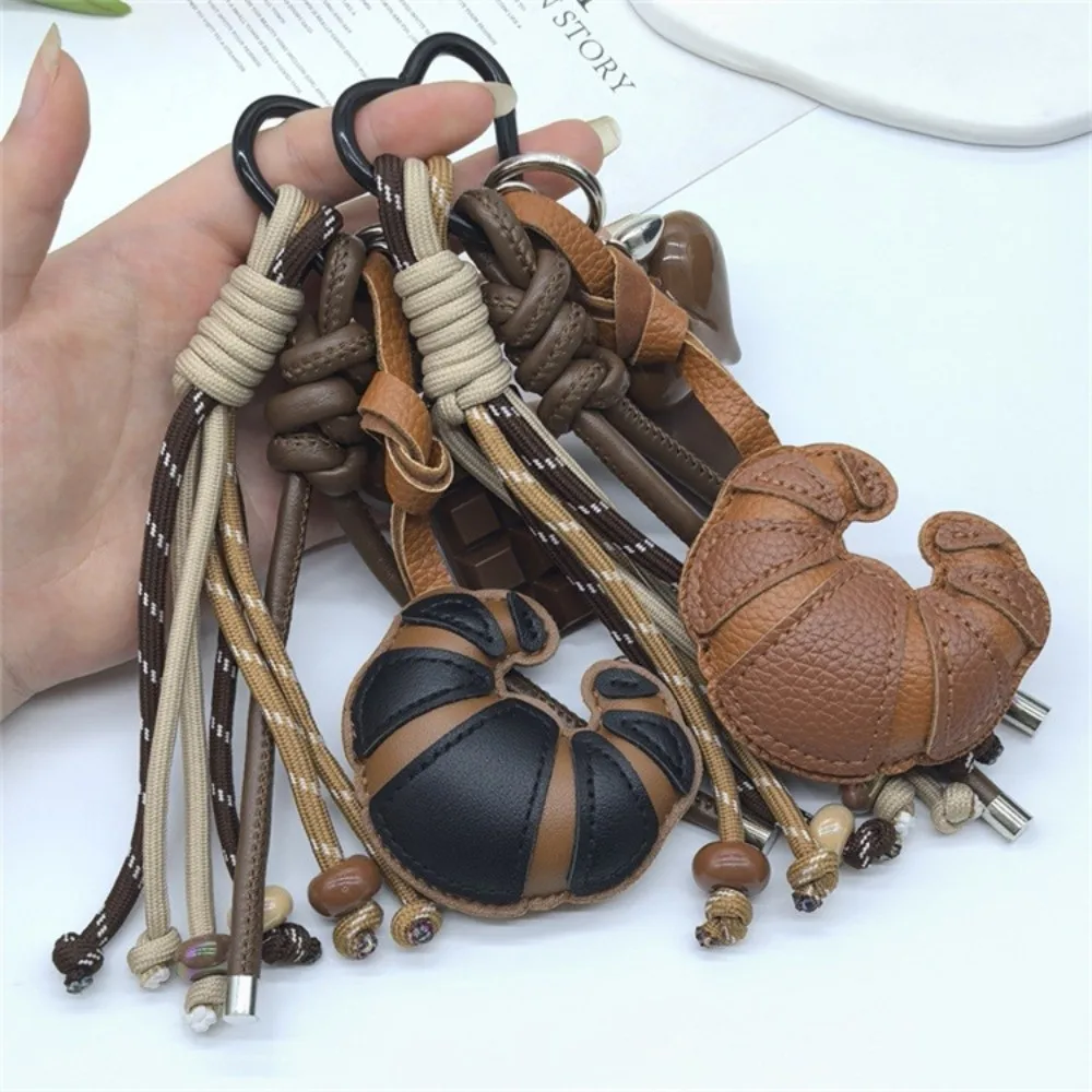 New Braided Rope Croissant Keychain Bread Shape Chocolate Mobile Phone Lanyard Leather Heart Bag Pendant Gifts