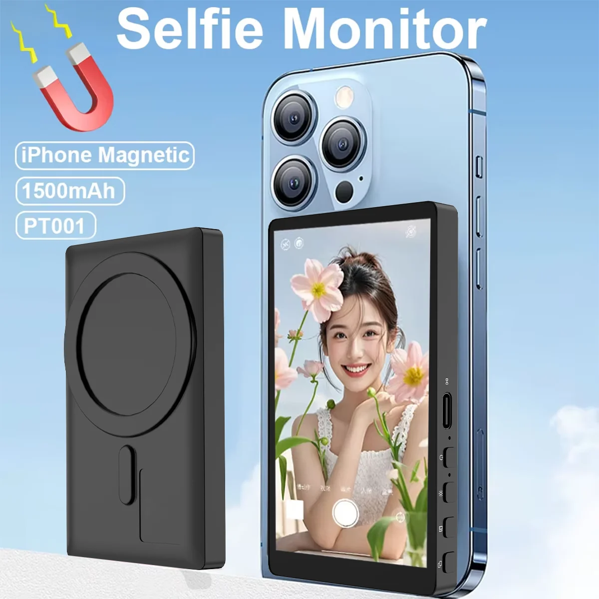 

New Magnetic Selfie Monitor for iPhone Smart Vlog Selfie Screen Monitor with Remote Control 1500mAh Power Bank Pink/White/Black