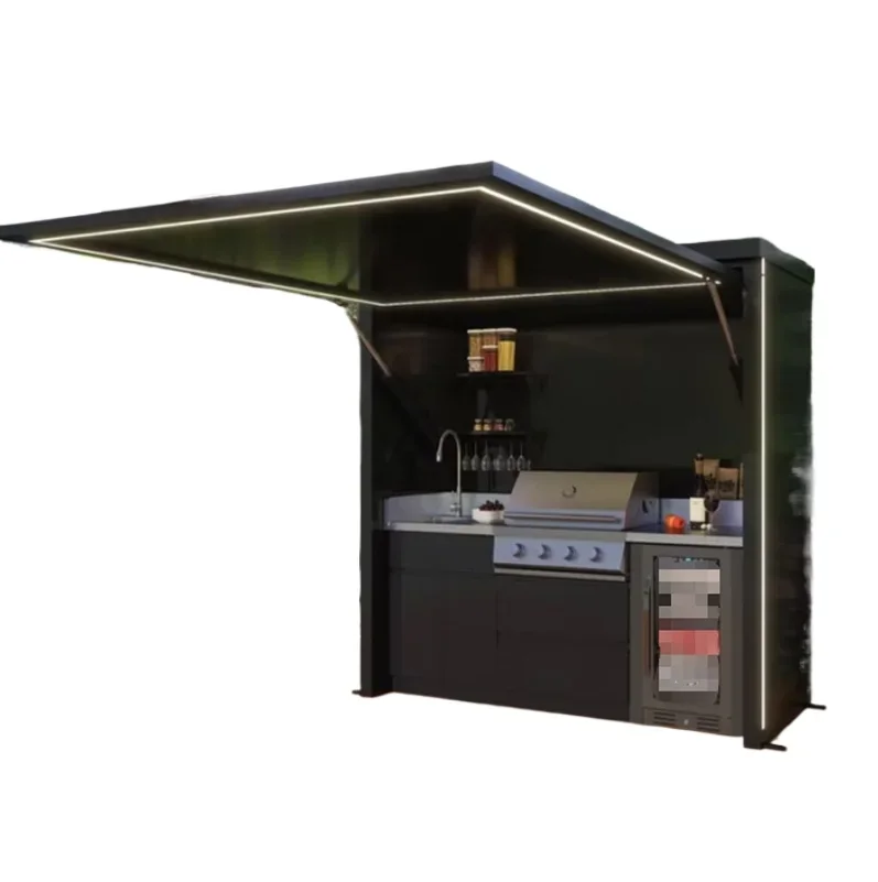 Outdoor BBQ Kitchen Cabinet with Refrigerator Sink Retractable Door - One Stop House Storage