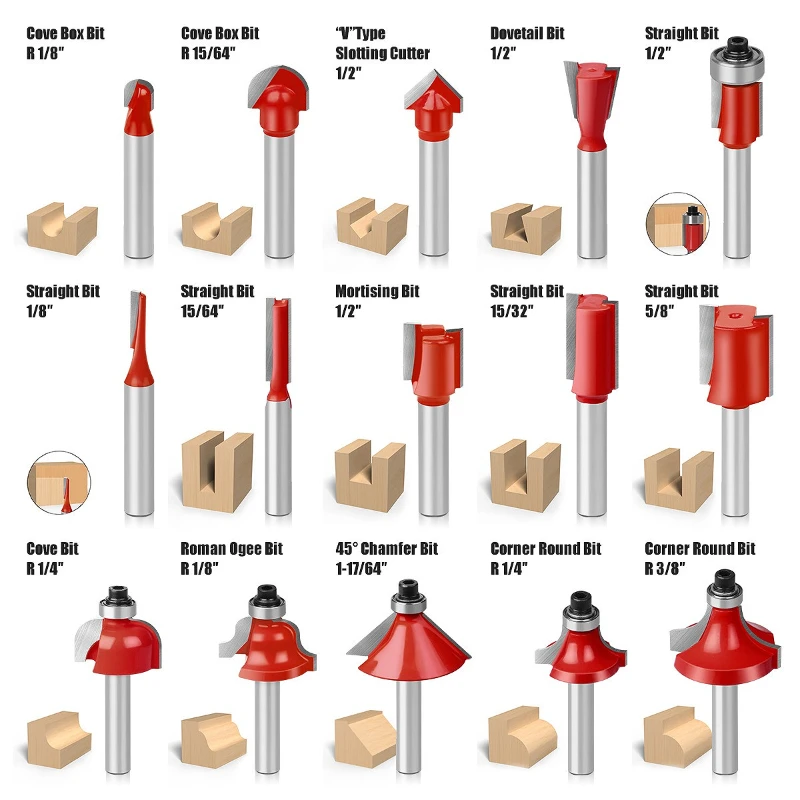 12/15pcs Router Bit Set Trimmen Rechte 8mm Schacht Schrijnwerker Frees Voor Trimmen Machine Hout lager Cove Box Bit