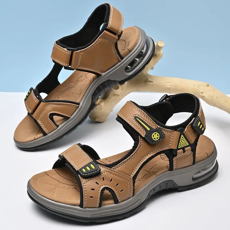 New Summer Genuine Leather Soft Sole Casual Sandals for Men, Outdoor Non-Slip Sport Hook-and-Loop Beach Shoes