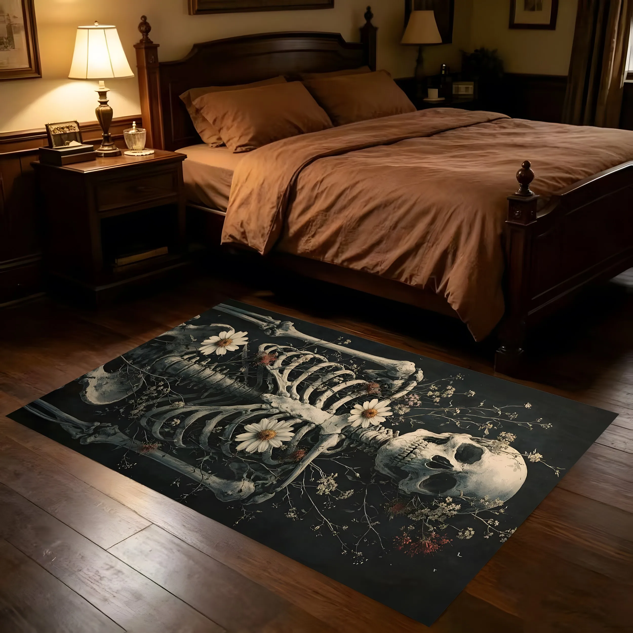 Daisy Skull Print Dark Gothic Halloween Velvet Rug for Living Room Bedroom Gaming Room Trendy Personalized Decor