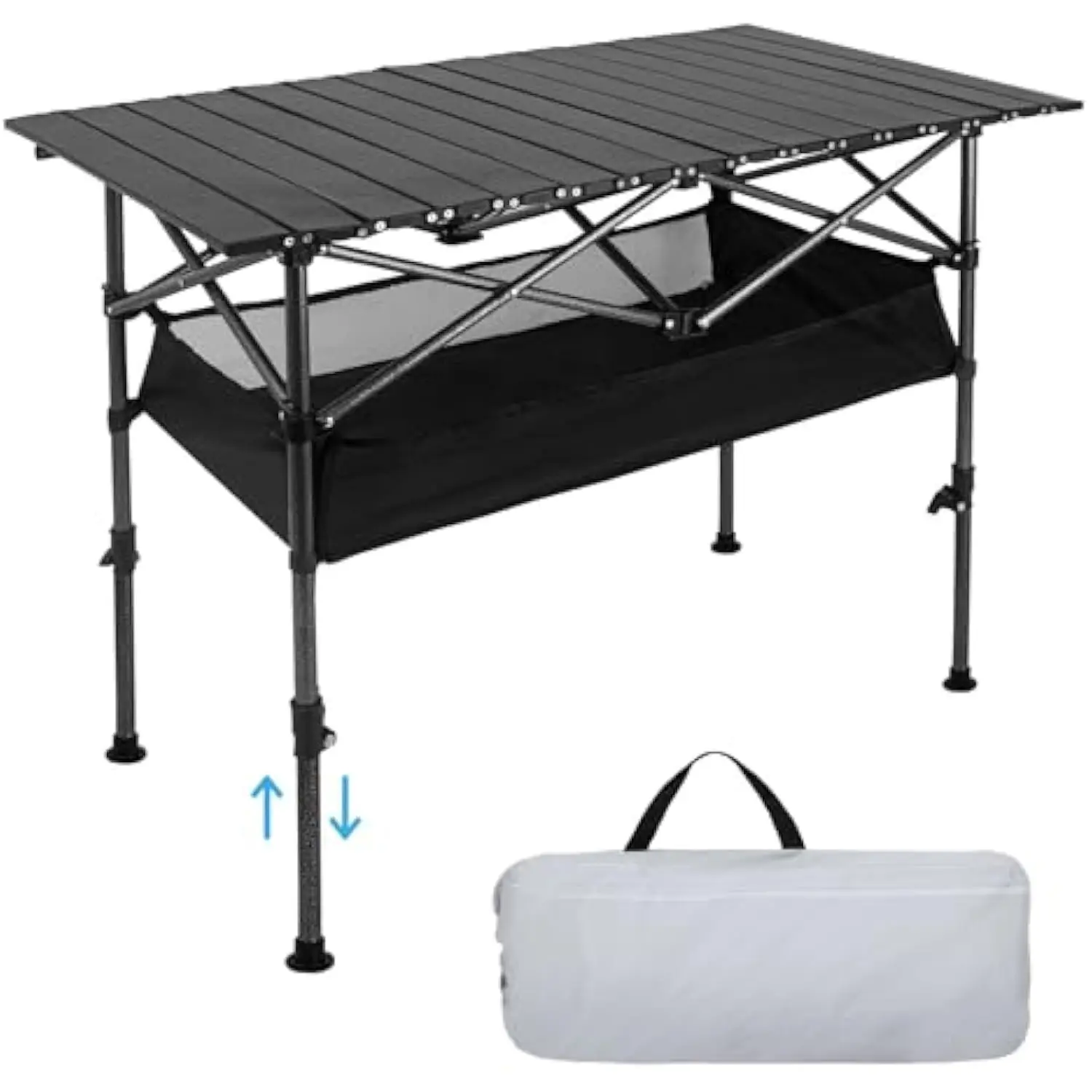 

Folding Camping Table, Portable Adjustable Height Outdoor Roll-Up Table for BBQ, Picnic, Party, Beach, Backyard, Carry Bag and