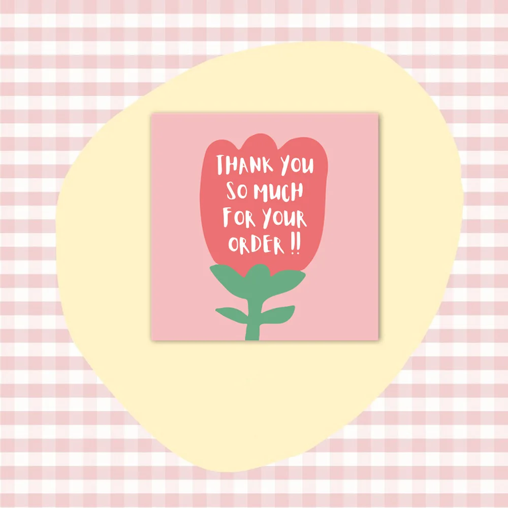 50pcs 6x6cm Pink Cartoon Square Thank You Card For Small Businesses Gift Box Greeting Decoration Packaging Wholesale Supplies