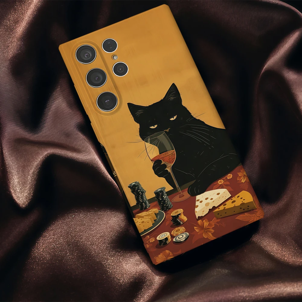 النبيذ والجبن القط قضية الهاتف لسامسونج غالاكسي S25 S24 S23 الترا زائد A35 A55 لامعة HD الغلاف الصلب فيلم قذيفة