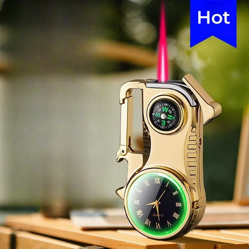 New Metal Multifunctional Windproof Direct Flame Gas Lighter Real Dial Outdoor Compass Wine Opener Keychain Lighter