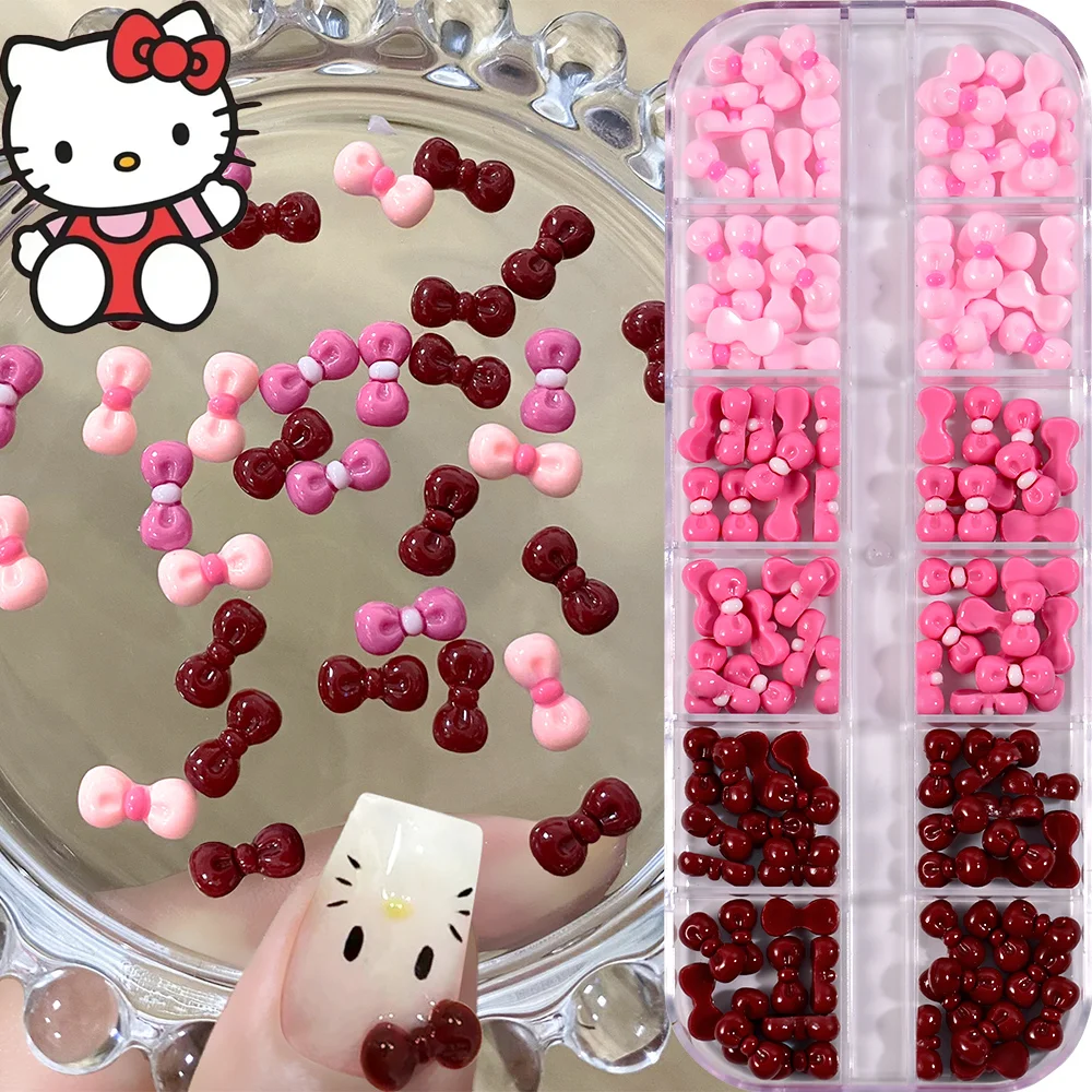 12 Grids Hello Kitty Pink Bow Nail Charm Claret Mini Bowknot Y2K Resin Nails Accessory Kawaii Cartoon Kitty DIY Nail Decorations