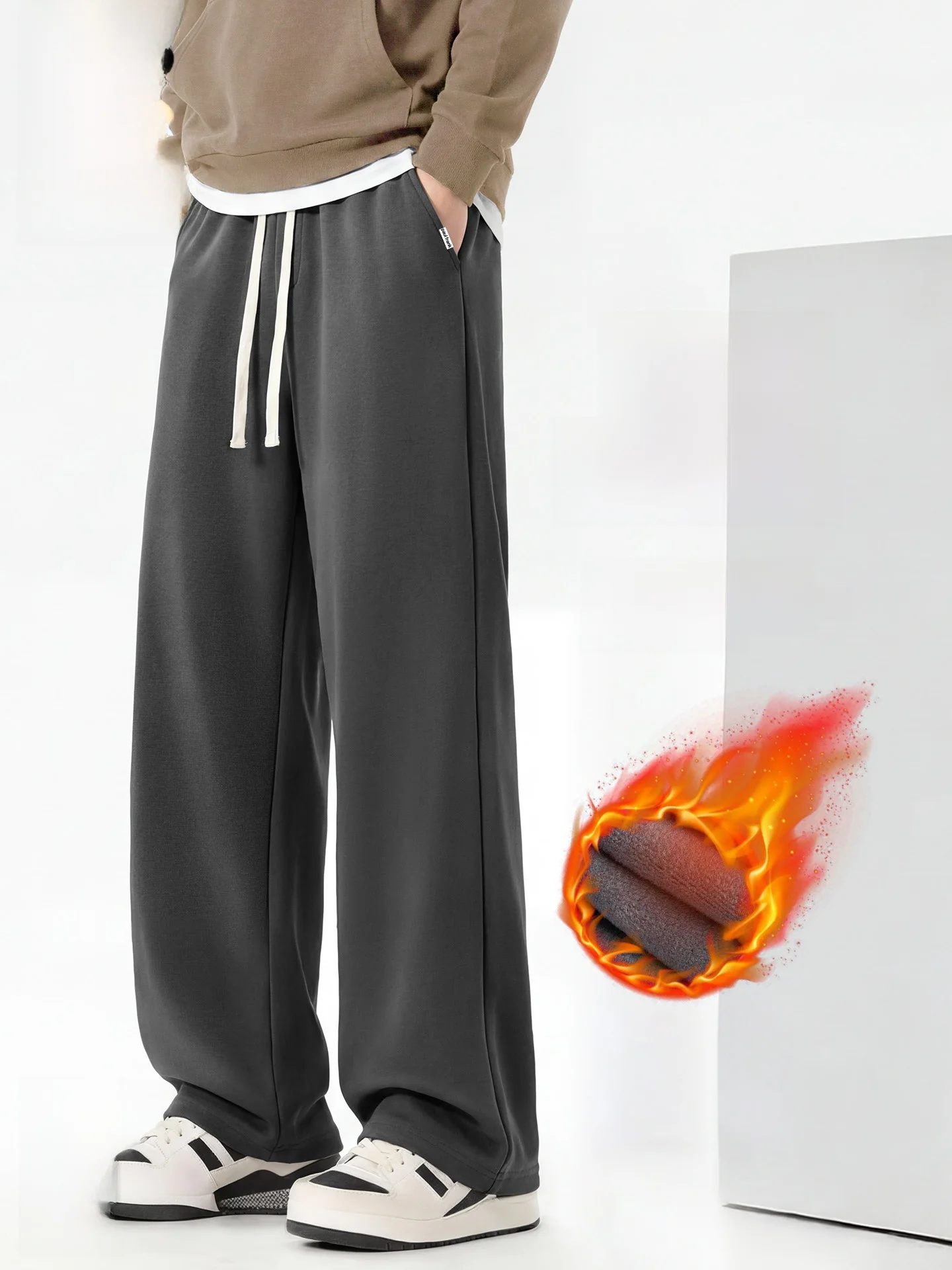 

Fce Lined Straight Leg Men's Casual Pants Winter Thiening Slimming High Risen Leisure Trousers Warm Cotton Po...