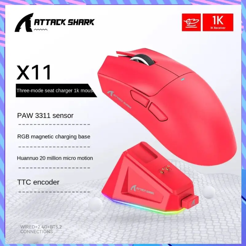 Attack Shark X11 PAW3311 2.4G Gaming Wireless Bluetooth Mouse Tri-mode Lightweight Mouse Charging RGB Base Office Gaming Mouse