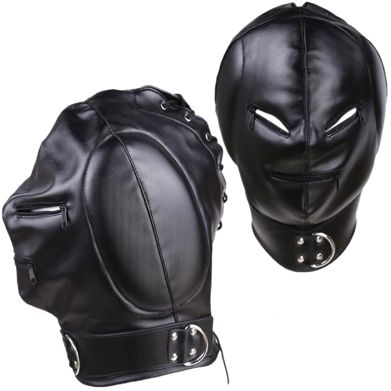 

PU Leather Thickening Head Masks Funny Drawstring Sexy Men Face Cover Carnival Party Games Cosplay Adult Unisex Mask Zipper Open