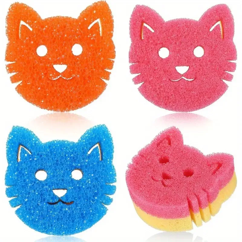 Esponja de limpeza dupla face 3 peças, superfície sensível à temperatura —— seguro para máquina de lavar louça sem arranhões, design colorido de rosto de gato, Suita