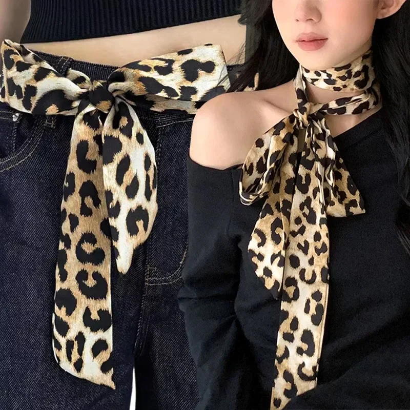 New Leopard Print Skinny Silk Scarf for Women Elegant Tie Hair Band Bag Handle Decoration Narrow Long Scarfs Fashion Accessories