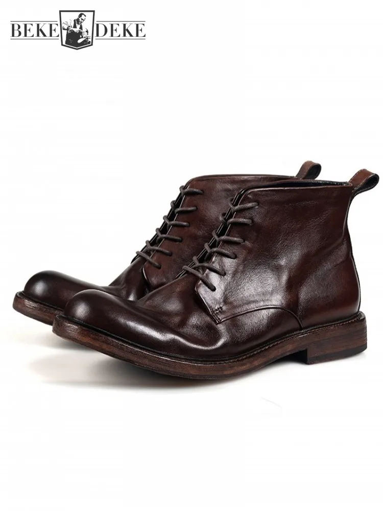 Retro Men Genuine Leather Boots Handmade Business Casual High Top Shoes Male Ankle Boots Plus Size 45 46 47 48 Customized 7 Days