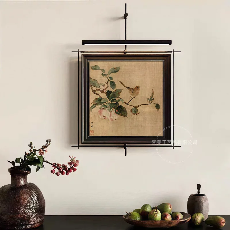 French retro metal boom decorative painting atmosphere luminous mural hotel clubhouse high-end square hanging painting wall lamp
