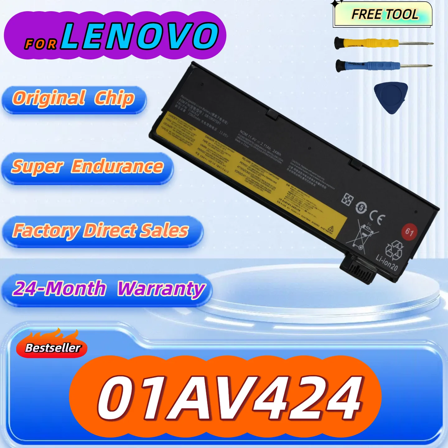 

01AV424 Battery for Lenovo ThinkPad T470 T570 T480 T580 P51S P52S TP25 A475 A485 61 01AV424 01AV452 Free Tool+24M Warranty