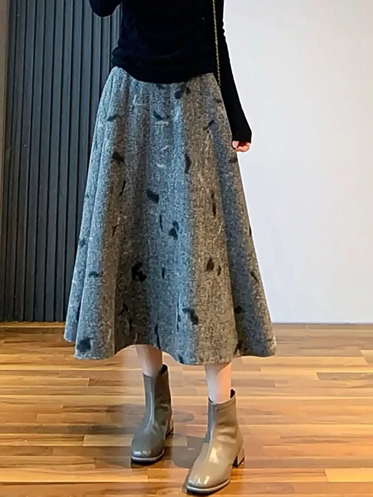 

Элегантная шерстяная юбка А-силуэта с высокой талией, универсальная, для повседневной носки, в корейском стиле, больших размеров