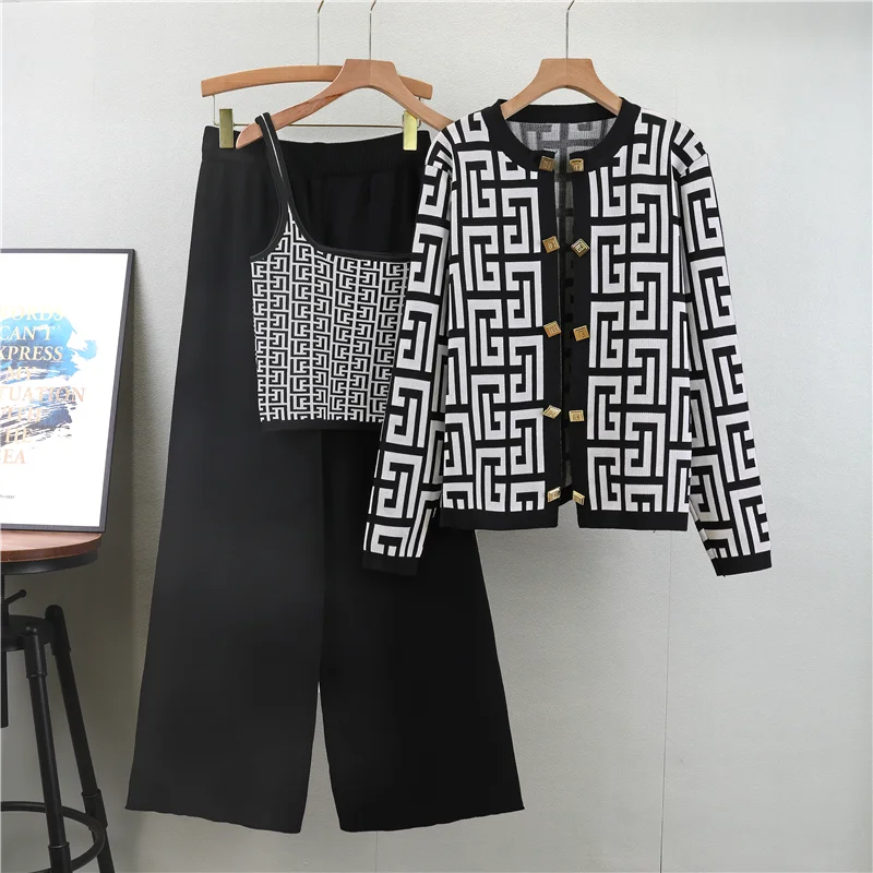 Women New Office Three Piece Set O-Neck Long Sleeved  Button Cardigan Camisole  High Waist Wide Leg Pants Fall Winter Suit