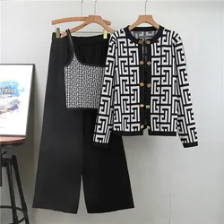 Autumn Fashion 3 Piece Knit Set Women Sexy Vest Long Sleeve Sweater Cardigan Elastic Waist Pants Women's Tracksuit Knitted Suit