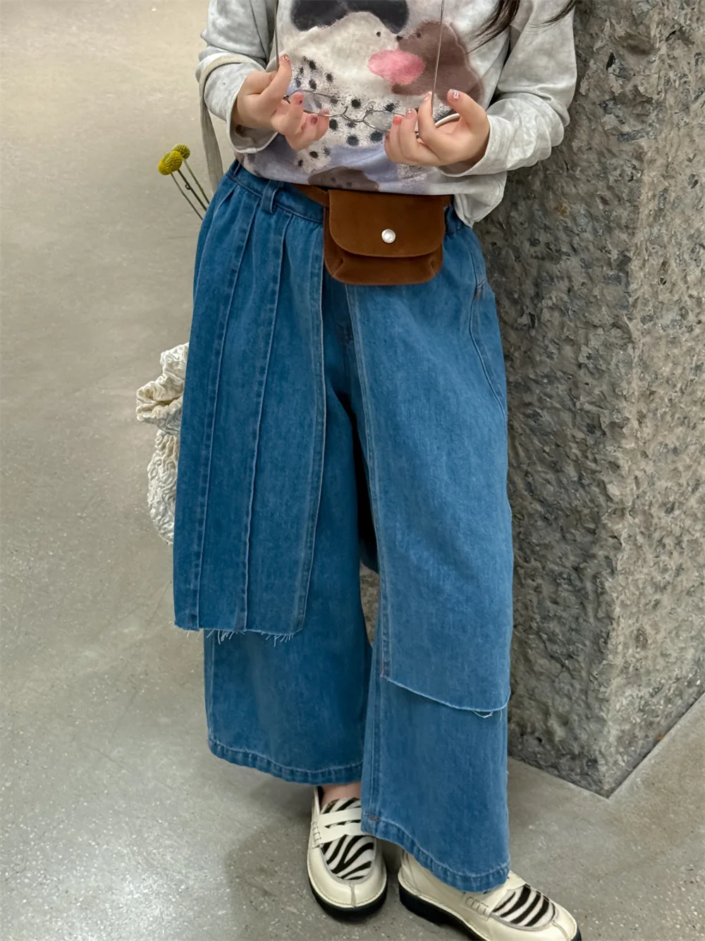 Girls Jeans 2025 Autumn Spring New Korean Fashionable Fake Two-Piece Denim Pants for Big Kids Solid Color All-match Trousers