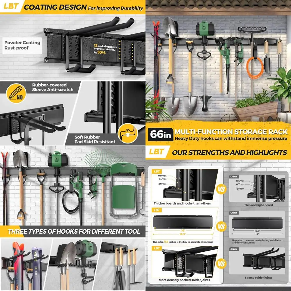 

Heavy-Duty Wall-Mounted Garage Tool Organizer with Adjustable Hooks, Holds Up to 720lbs, Rust-Resistant Metal Storage Rack for G