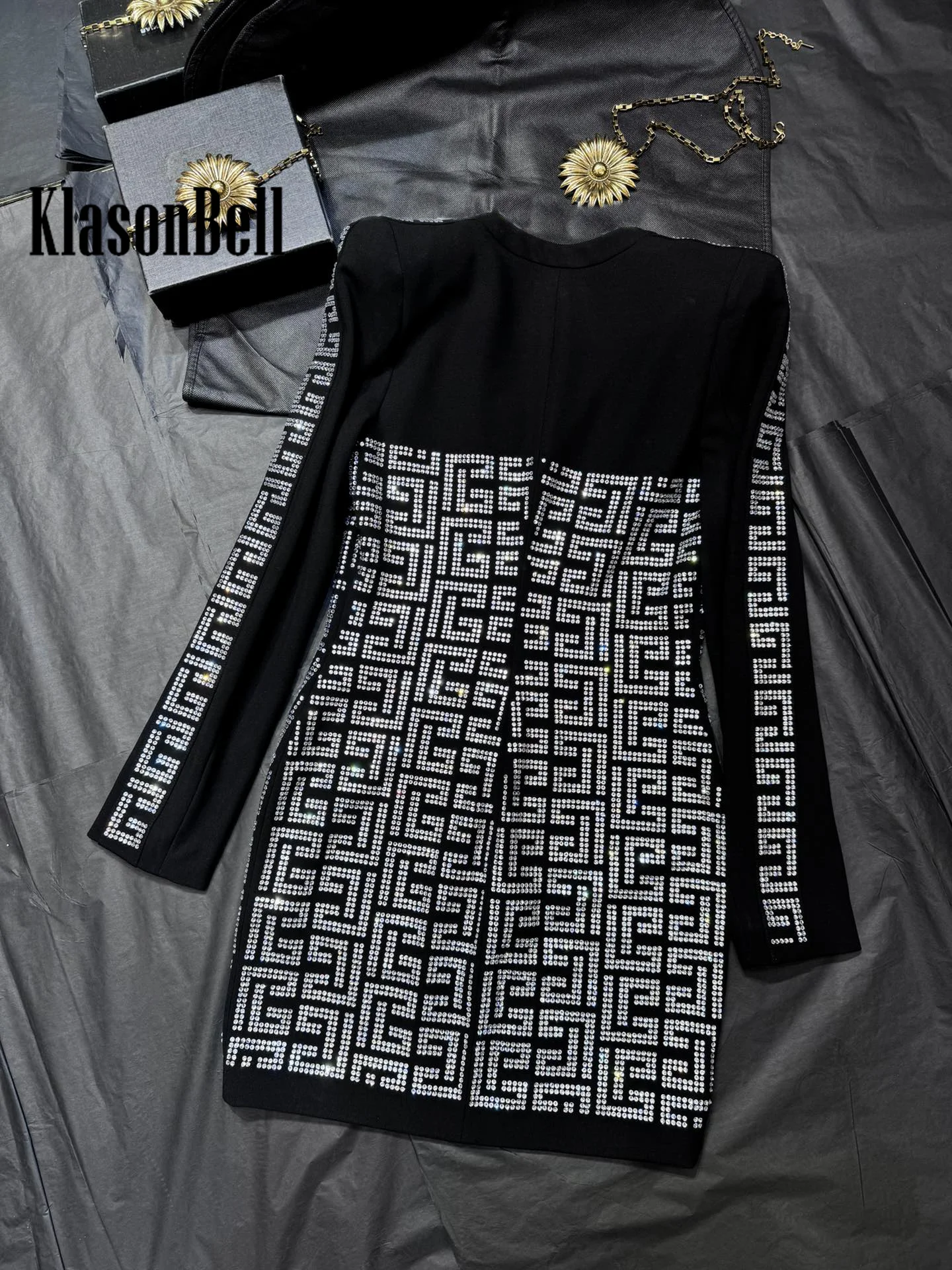 6.21KlasonBell-Diamond Geometric Pattern Dress for Women, Elegant Shoulder Pads, Strapless, Collect Waist, Mini Dress, Fashion