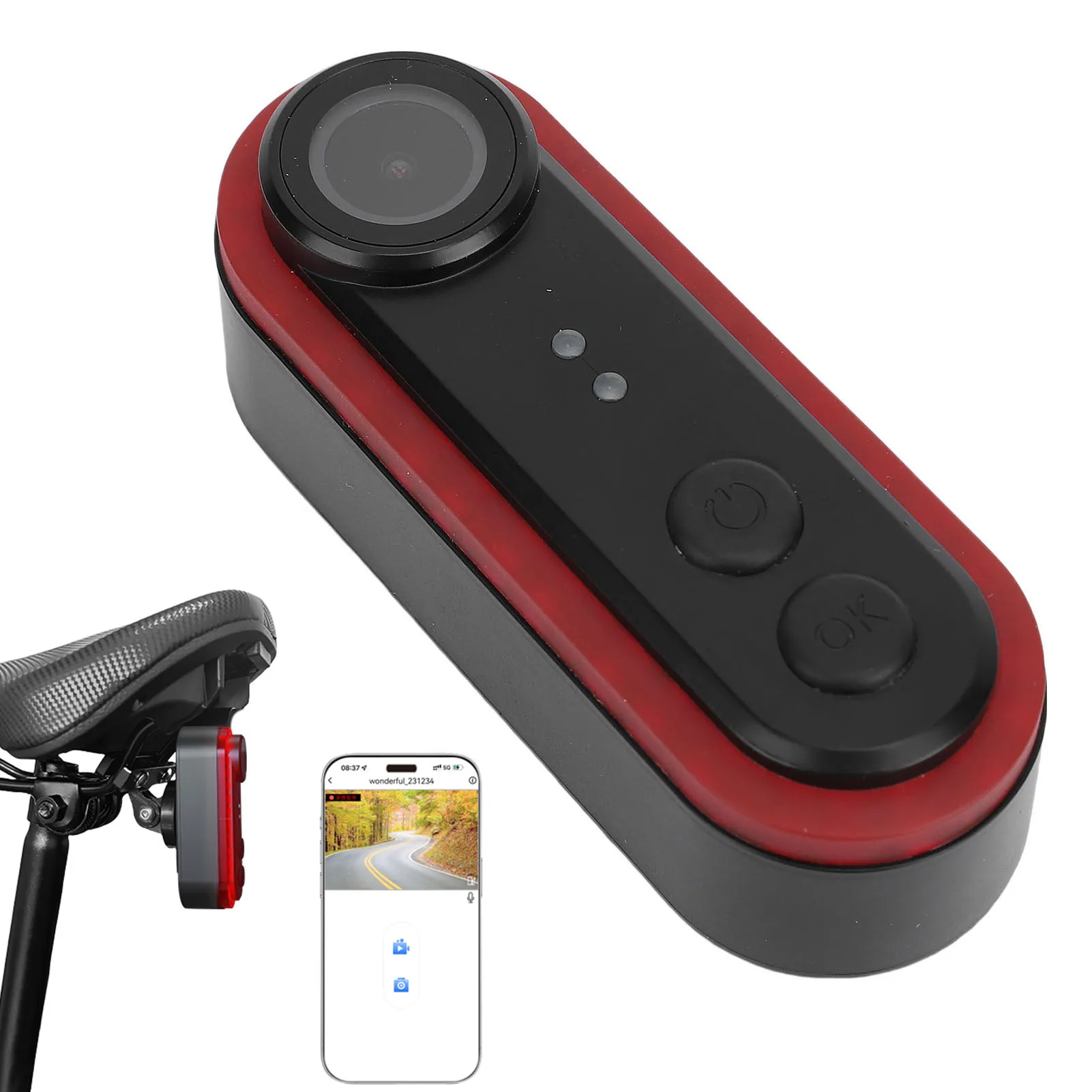 

Bike Camera 1080P 150° Wide Angle IPX6 Water Proof Rechargeable Bicycle Rear View Camera with Tail Light APP for Cycling