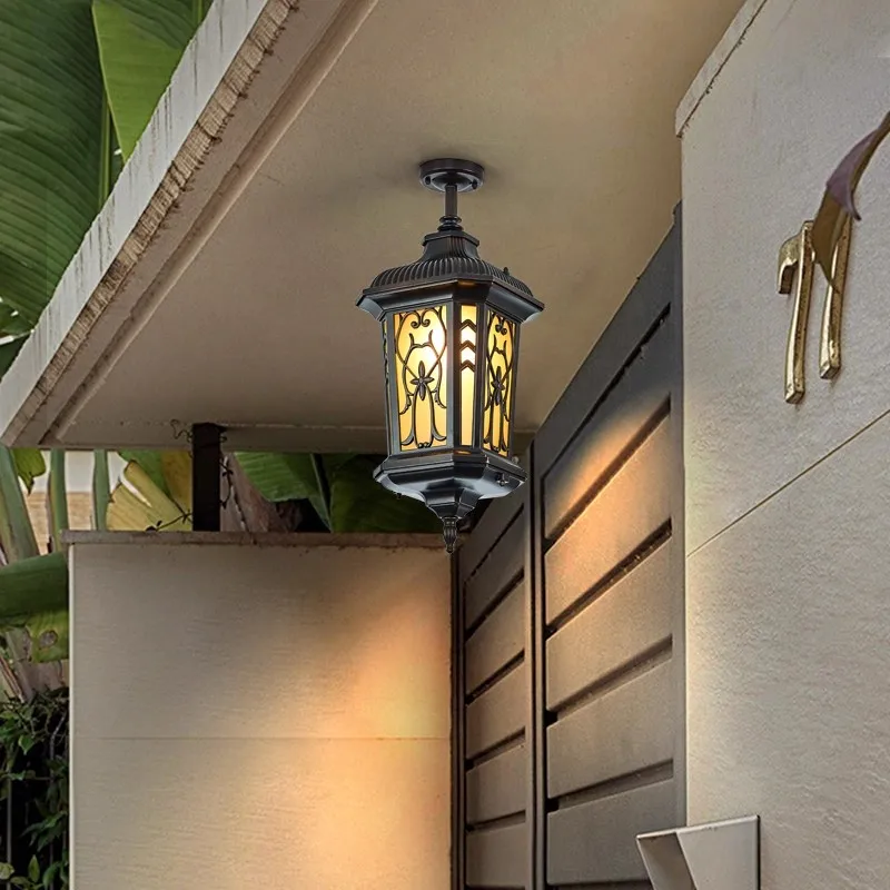 Waterproof Outdoor Ceiling Light European Retro Yellow Glass for Porch Garage Garden Home Courtyard Villa Corridor Terrace