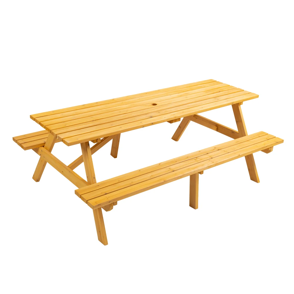 

Wood Outdoor Picnic Table Picnic Tables with Benches and Umbrella Hole, Classic Picnic Table Bench Set for 6 or 8 Person