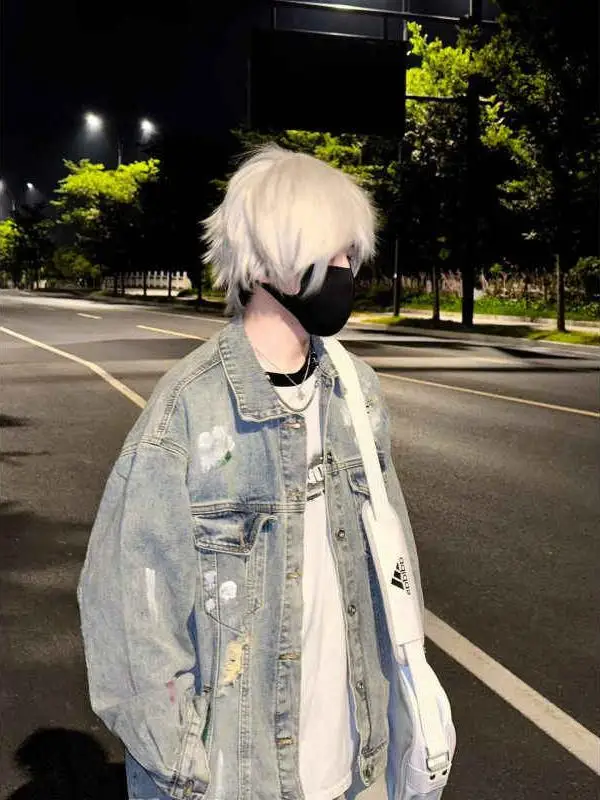 American High Street fiti Hole Denim Jaet Men's Autumn Neutral Cool Sle Workwear Jaet Small Design Sense