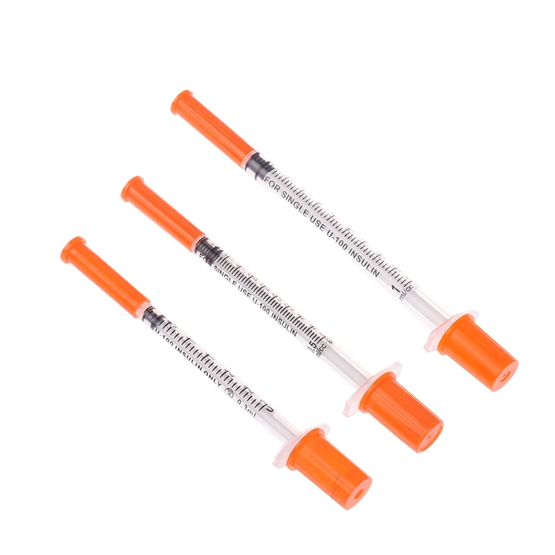 5 sztuk 0,3/0,5/1 ml jednorazowa plastikowa strzykawka weterynaryjna pomarańczowa nakładka sterylna strzykawka insuliny z igłami dla zwierząt gospodarskich — zdjęcie 2