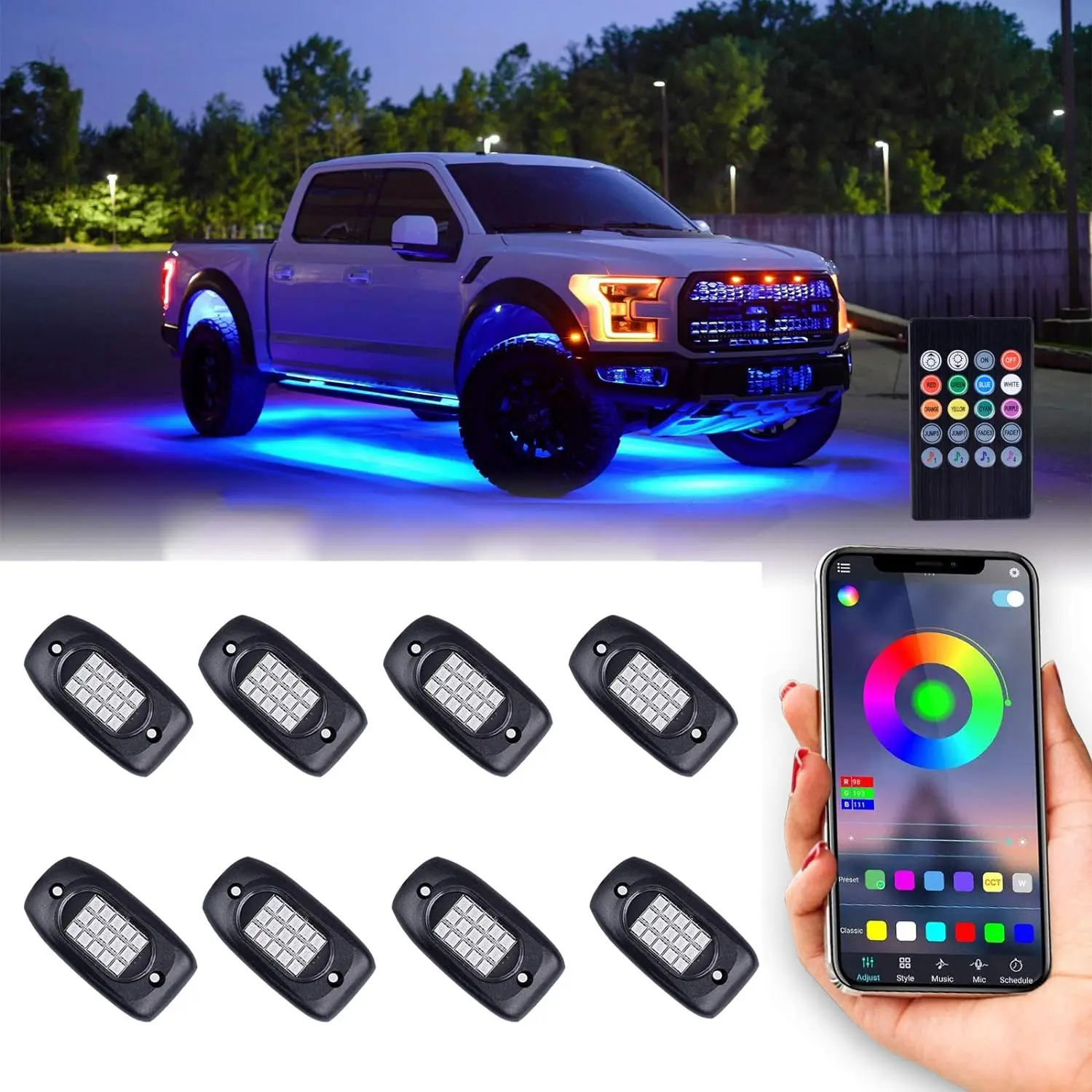 

Waterproof RGB LED Rock Lights,8Pcs Neon Underglow Lighting Kit APP&Wireless Remote Control,Auto Wheel Exterior Underglow Lights