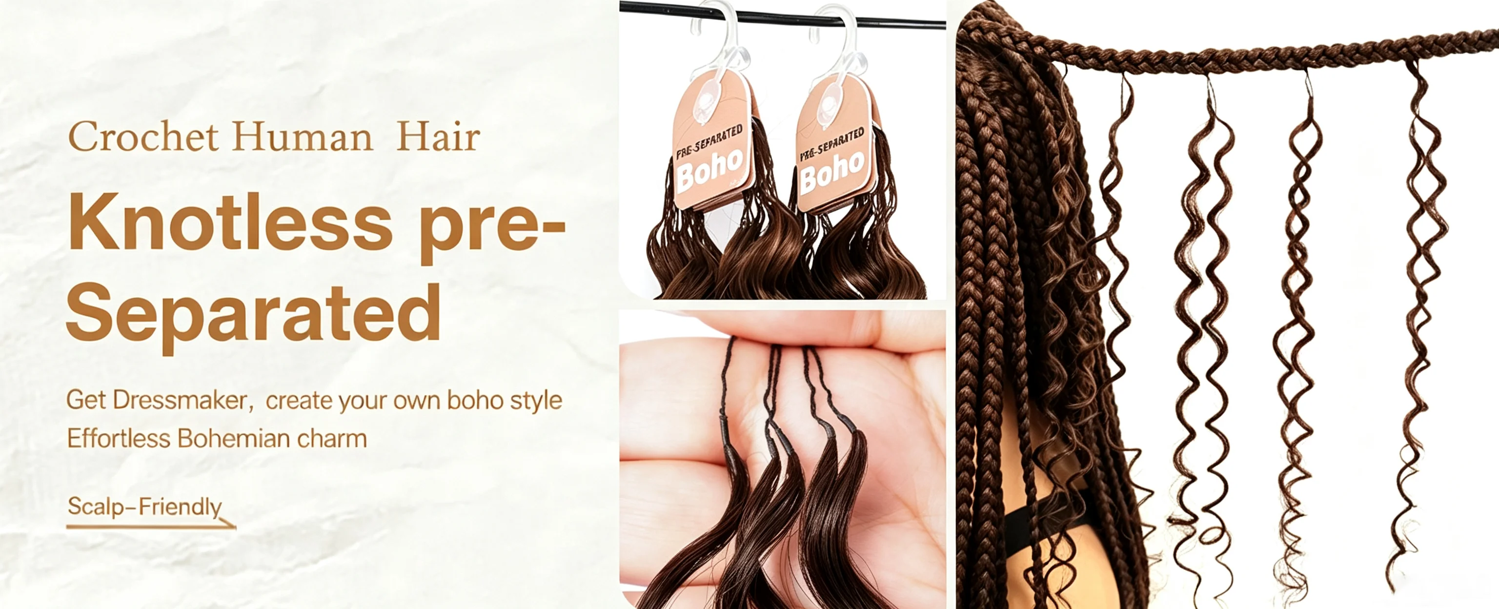 Chocolate Brown Deep Wave Human Hair Extensions Boho Braided Pre-Looped Curly Feather Crochet Hair with Miracle Knots Spiral Curly Hair for Braids